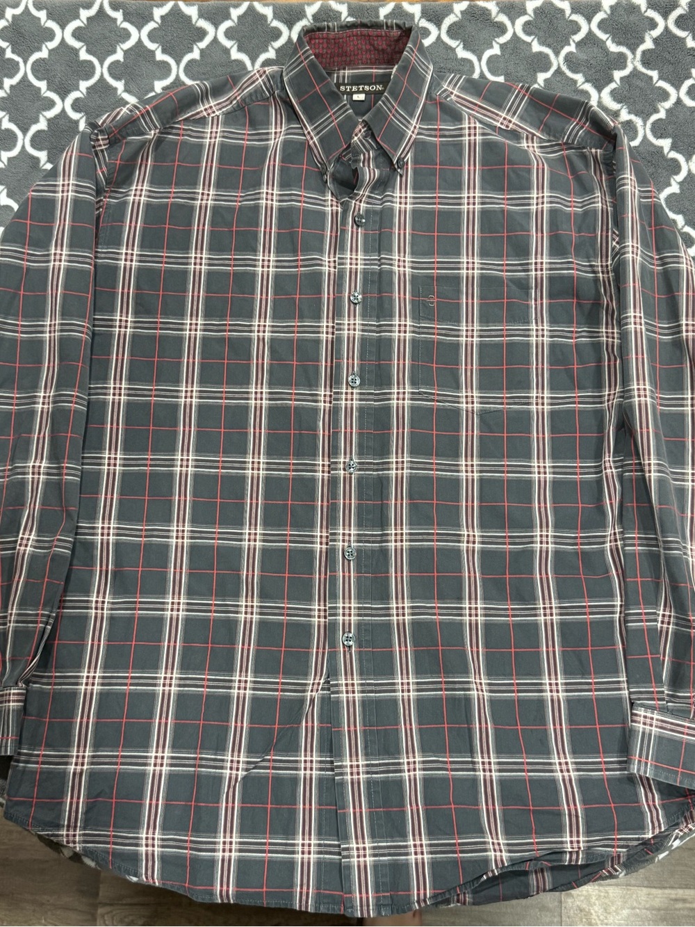 Stetson Black Plaid Button-Down Shirt with Red and White Accents